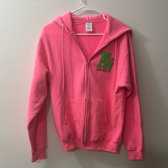 PORT AND COMPANY Pink Full-Zip Hoodie with Green Logo SIZE SMALL Bright Hair Alt - Picture 1 of 5